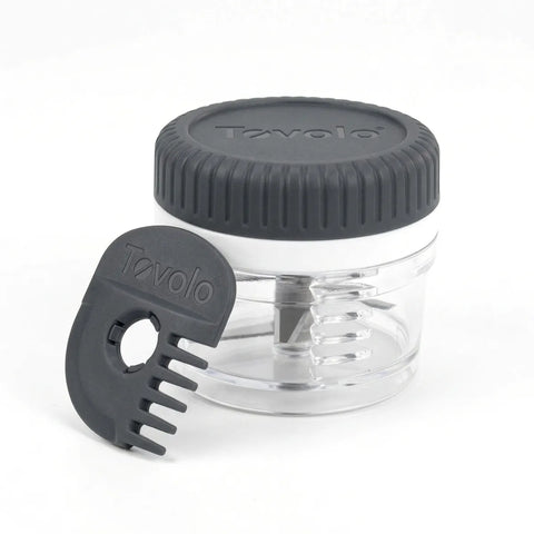 Tovolo chopper with a clear container and gray lid on a white background