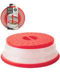 Red and white microwave food cover with Tovolo packaging on a white background