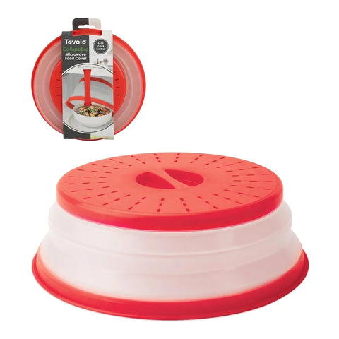 Red and white microwave food cover with Tovolo packaging on a white background