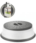 Collapsible microwave food cover with gray top and white base on a white background, featuring Tovolo packaging.