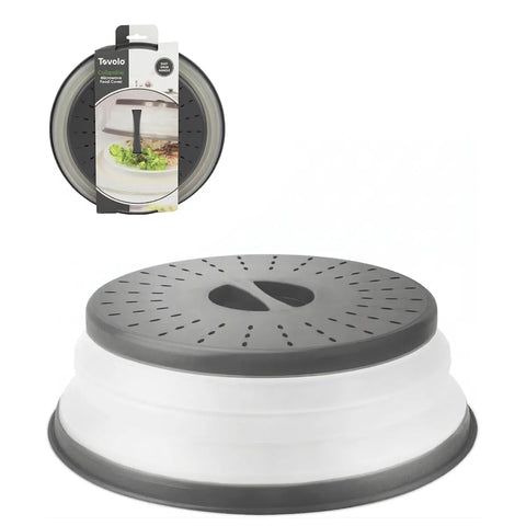 Collapsible microwave food cover with gray top and white base on a white background, featuring Tovolo packaging.