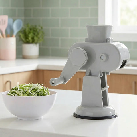 Manual vegetable spiralizer on a kitchen counter with a bowl of spiralized vegetables.