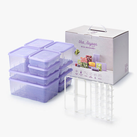 Stacked purple plastic containers and white inserts shown next to their retail packaging on a white background.