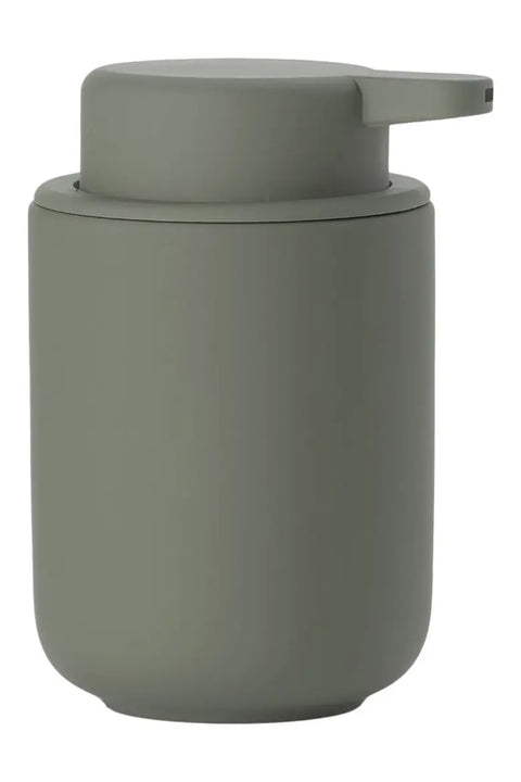 A matte green cylindrical soap dispenser shown on a plain white background.