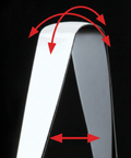Metallic object with red arrows indicating measurements or features on a black background