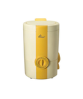 A retro-style electric moisture remover in cream and yellow, featuring a vertical yellow stripe, a top handle, and a front dial switch, shown on a plain white background.