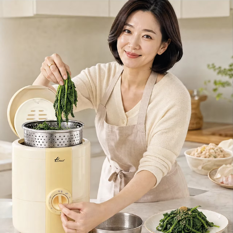 A woman in a beige cardigan and apron is using a cream-colored countertop food moisture remover in a bright kitchen, holding green vegetables above the steaming basket.
