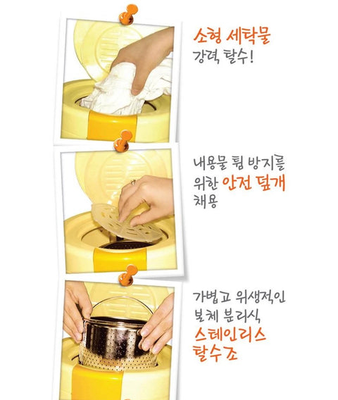 Three-step instructional diagram showing the uses for a yellow electric spin dryer. The steps include rinsing the inside with white vinegar, opening the lid carefully, and draining the dirty water into a metal strainer basket.