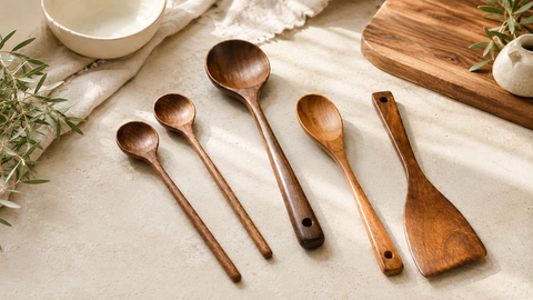 Set of wooden spoons on a light surface with a cutting board and plant in the background