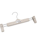 A wooden hanger with adjustable metal spring clamps on both sides and a silver metal hook, shown on a plain white background.