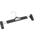 A black plastic hanger with adjustable metal spring clips on both ends and a silver metal hook, shown on a plain white background.