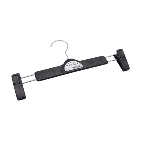 A black plastic hanger with adjustable metal spring clips on both ends and a silver metal hook, shown on a plain white background.
