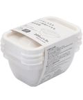 A stack of four white plastic rice containers with lids, wrapped in a white paper label with Japanese text and a line drawing, on a plain white background.