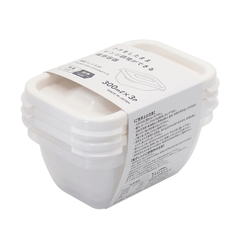 A stack of four white plastic rice containers with lids, wrapped in a white paper label with Japanese text and a line drawing, on a plain white background.