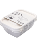 Two-piece white plastic food storage container with a matching lid, featuring a white paper label with Japanese text and product details.