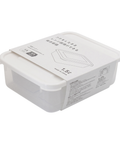A white plastic storage container with a matching lid, shown with its printed paper packaging sleeve partially covering the top. The container has a clear front side, revealing a light gray interior, and is photographed on a clean white background.