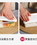 Two-panel demonstration showing a clear plastic rectangular container with a white lid being opened and sealed. Hands are visible pressing the lid, with food visible inside.