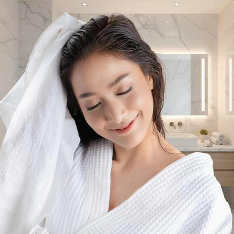Woman wrapped in a white towel in a bathroom setting