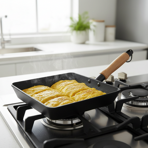 Frying pan with omelette on a stove in a kitchen setting