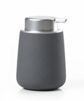 A matte dark gray pump bottle with a brushed silver metal cap and spout, shown on a clean white background.