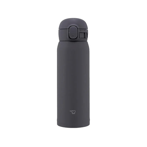 Black thermos water bottle with a lid on a white background
