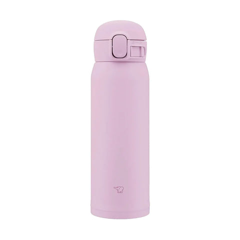 Pink thermos water bottle with a lid on a white background