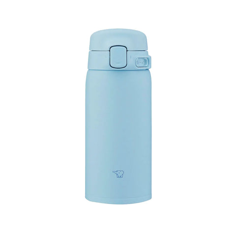 Light blue thermos water bottle with a cap on a white background