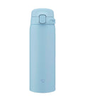 Light blue thermos bottle on a white background