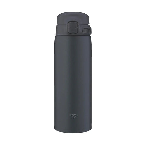 Black thermos water bottle with a lid on a white background