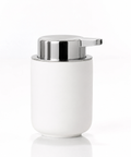White soap dispenser with silver pump on a white background