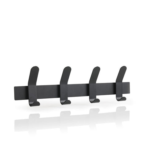 Black wall-mounted coat rack with four hooks on a white background
