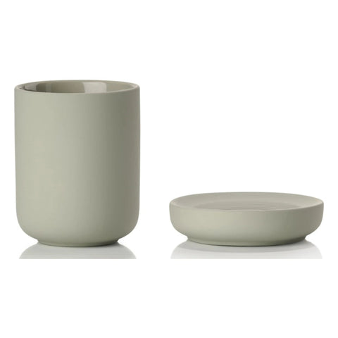 Light green toothbrush mug and soap dish on a white background