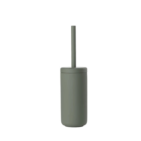 Green cylindrical toilet brush and holder on a white background
