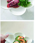 A white ceramic plate with four petal-shaped indentations, shown in two stacked photos. The top photo shows raw pink meat and green lettuce placed inside the petal cavities.