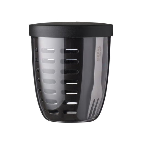 Black food container with a lid on a white background