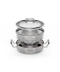 Set of stainless steel cookware with different components on a white background