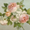 A floral painting featuring soft pink and white roses with green leaves on a pale blue-green background. The artwork has a textured, painterly style with visible brushstrokes.