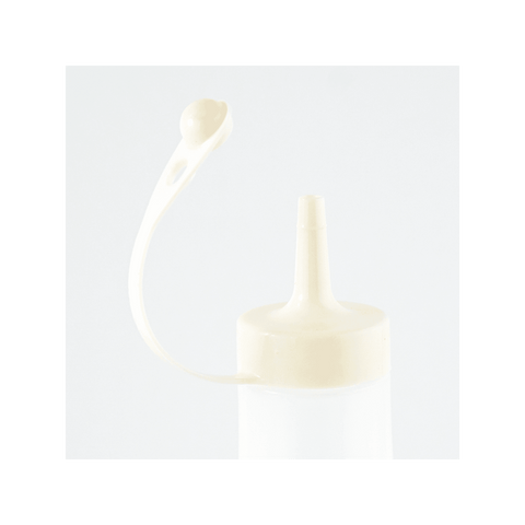 An off-white squeeze bottle with a flexible, curved pouring spout and a flat top nozzle, shown against a light gray background.