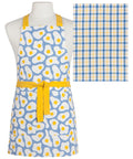 Apron with yellow floral pattern and matching towel on a mannequin