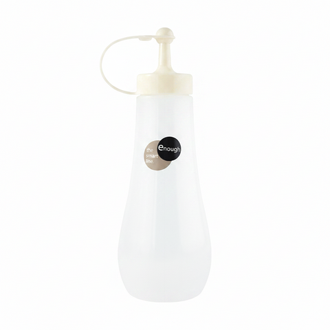 A white squeeze bottle with a cream-colored plastic pump and loop handle, featuring a circular 'enough the smart line.' logo sticker on the front, set against a plain white background.