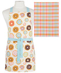 Apron with donut pattern and matching towel on a mannequin