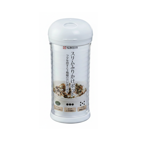 A tall, cylindrical white furikake shaker container from Nakaya with Japanese text on the label and a photo of prepared rice on the front, isolated on a white background.
