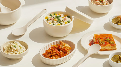 Assorted banchan dishes including a bowl of rice, a plate of tofu, and other food items on a light surface.