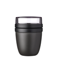 Black insulated food container with clear lid on a white background