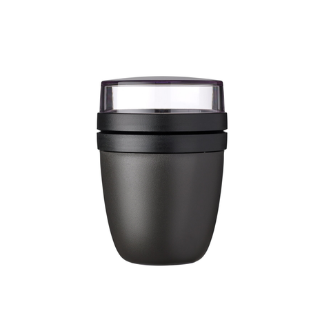 Black insulated food container with clear lid on a white background