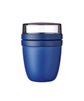 Blue insulated food container with clear lid on a white background