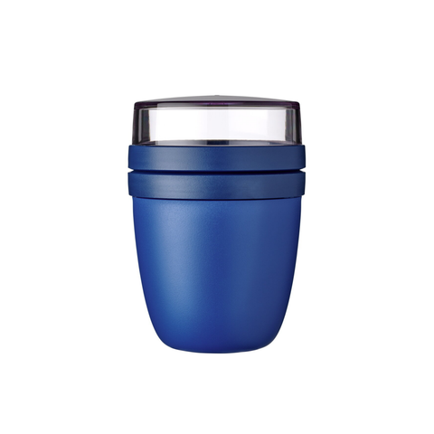 Blue insulated food container with clear lid on a white background