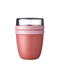 Pink insulated food container with a clear lid on a white background