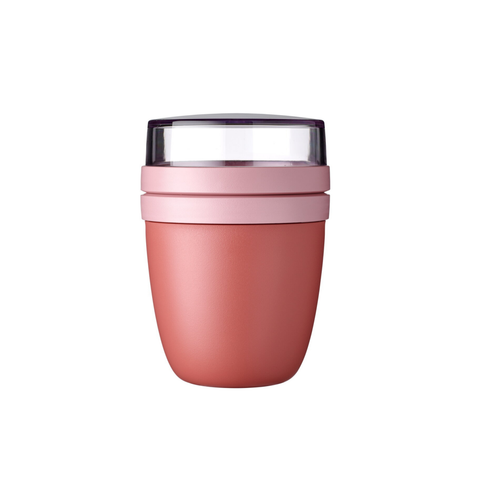 Pink insulated food container with a clear lid on a white background