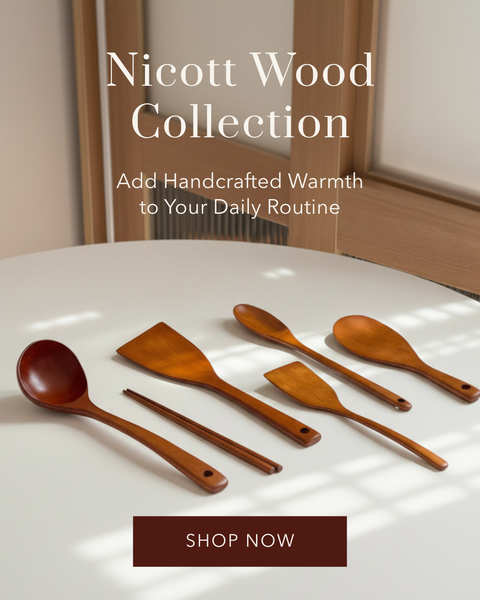 A set of five handcrafted wooden kitchen utensils, including spoons, a spatula, and chopsticks, arranged on a white table. The image features a promotional overlay reading 'Nicott Wood Collection' and a 'SHOP NOW' button.